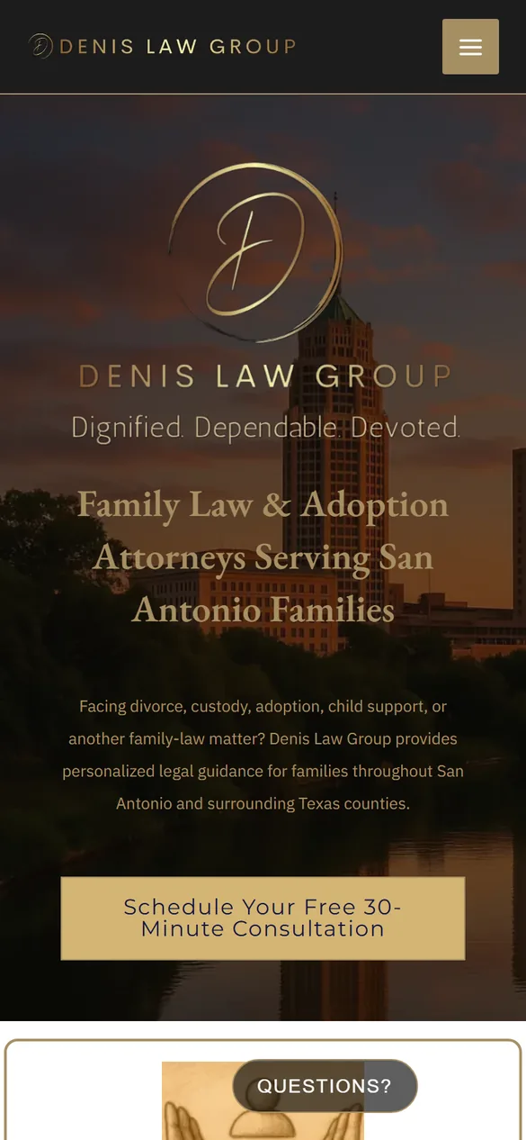 Homepage of Denis Law Group, maintained and improved by Aspired Websites, on a phone