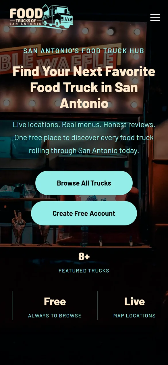 Homepage of Food Trucks of San Antonio, built by Aspired Websites, on a phone