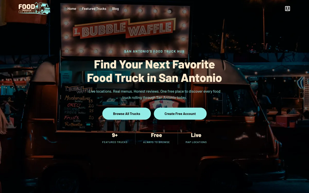 Homepage of Food Trucks of San Antonio, built by Aspired Websites