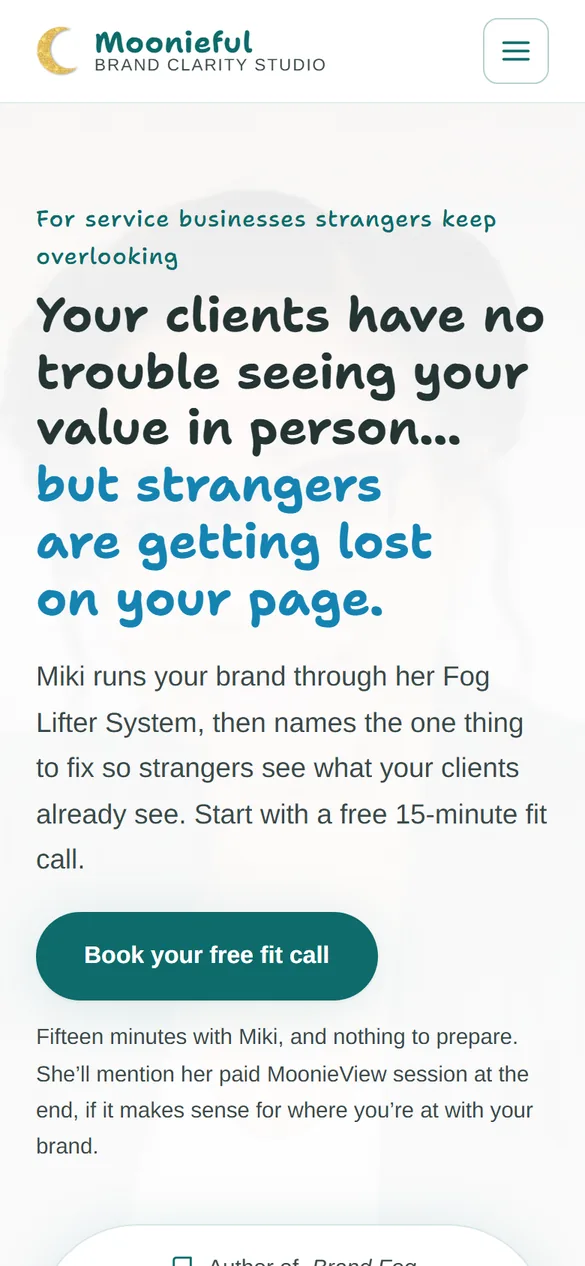 Homepage of Moonieful Designs, built by Aspired Websites, on a phone