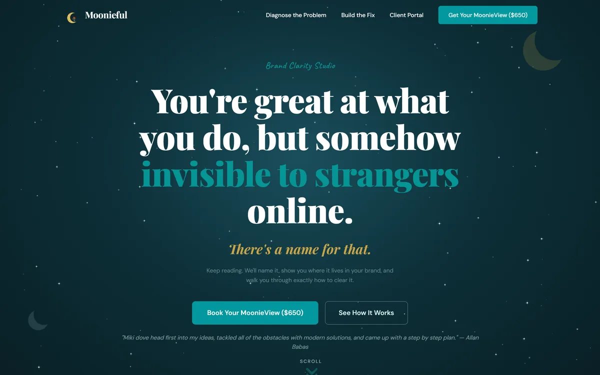 Homepage of Moonieful Designs, built by Aspired Websites