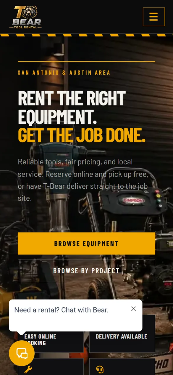 Homepage of T-Bear Tool & Equipment Rental, redesigned by Aspired Websites, on a phone