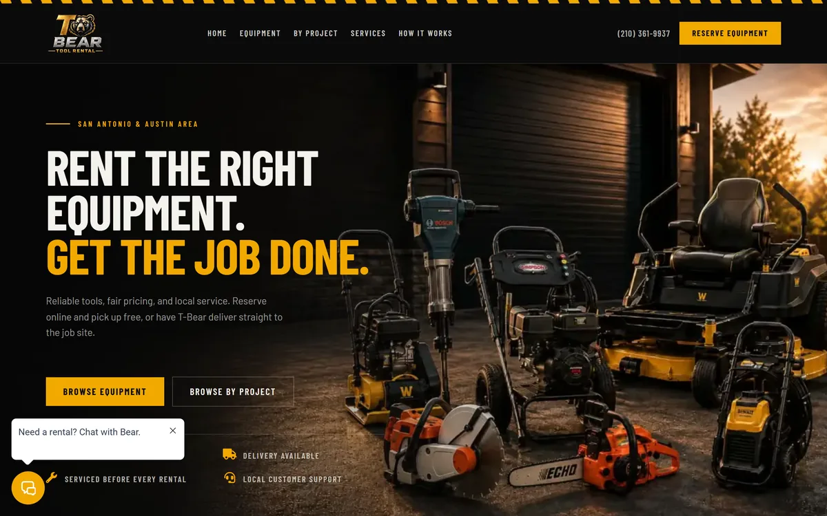 Homepage of T-Bear Tool & Equipment Rental, redesigned by Aspired Websites